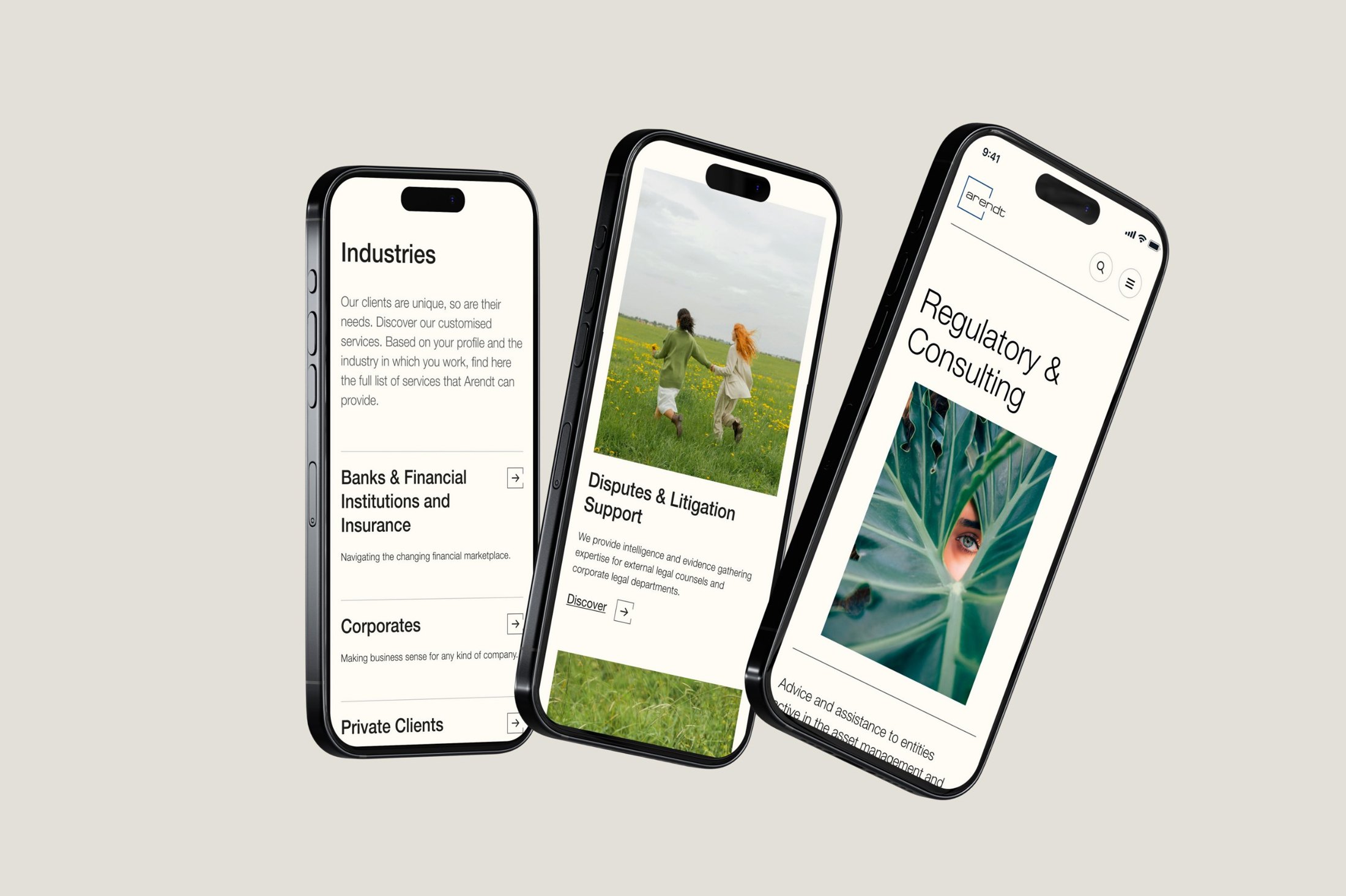 Pages Industries, Disputes & Litigation Support et Regulatory & Consulting sur trois smartphones