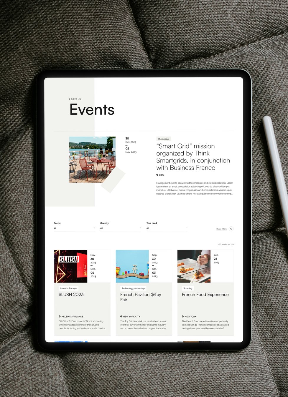 Page Events sur tablette