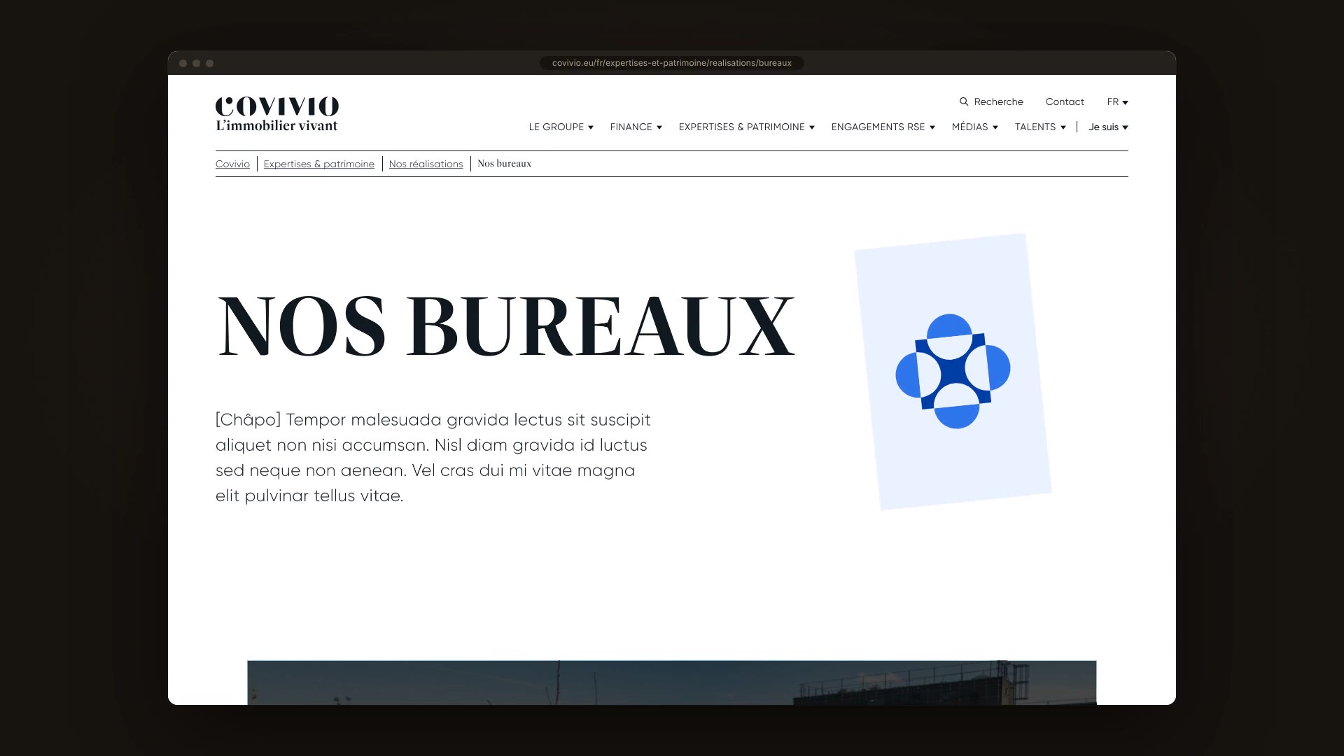 Page Nos bureaux du site Covivio dans une fenêtre de navigateur