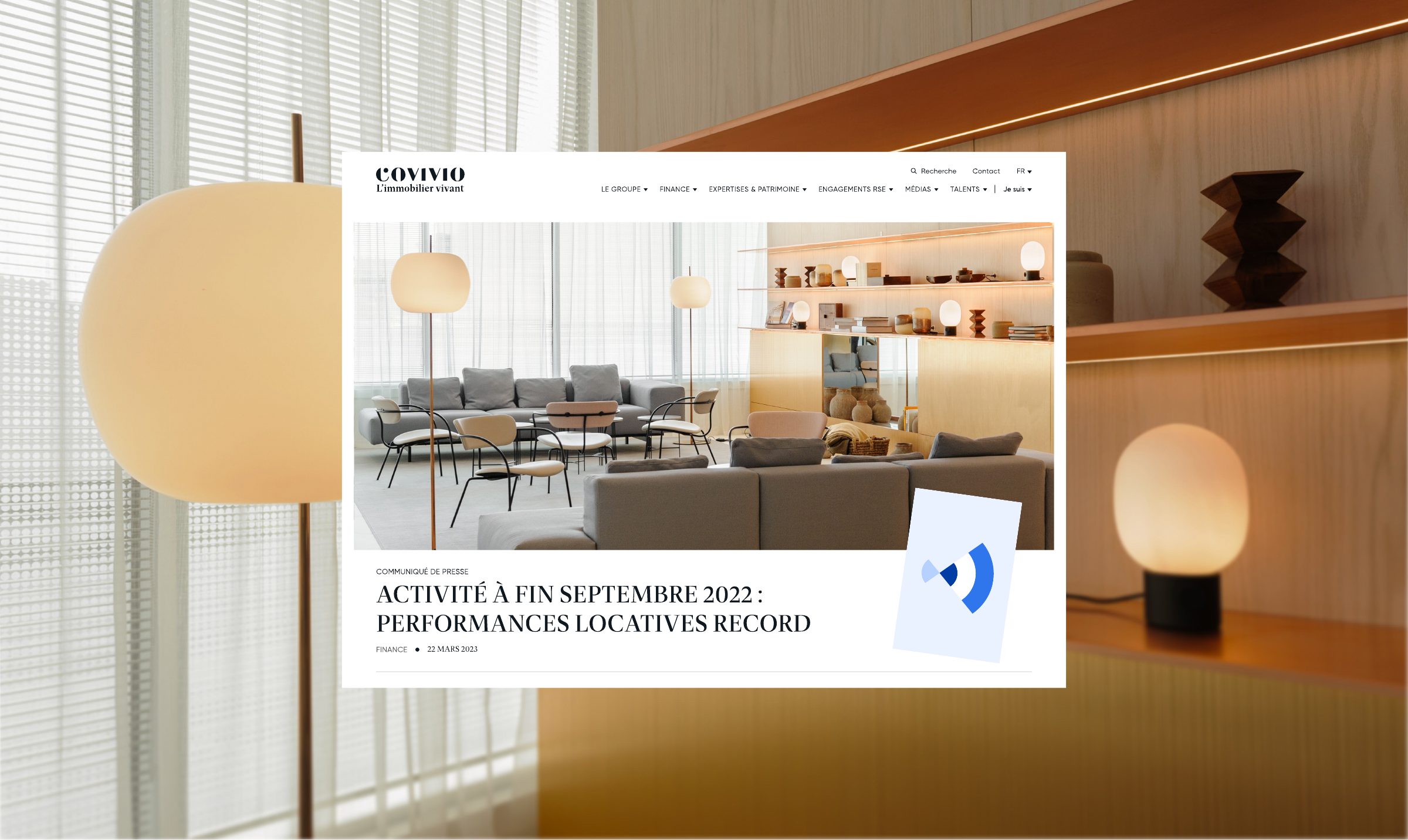 Page communiqué de presse du site Covivio en surimpression sur un intérieur de bureau