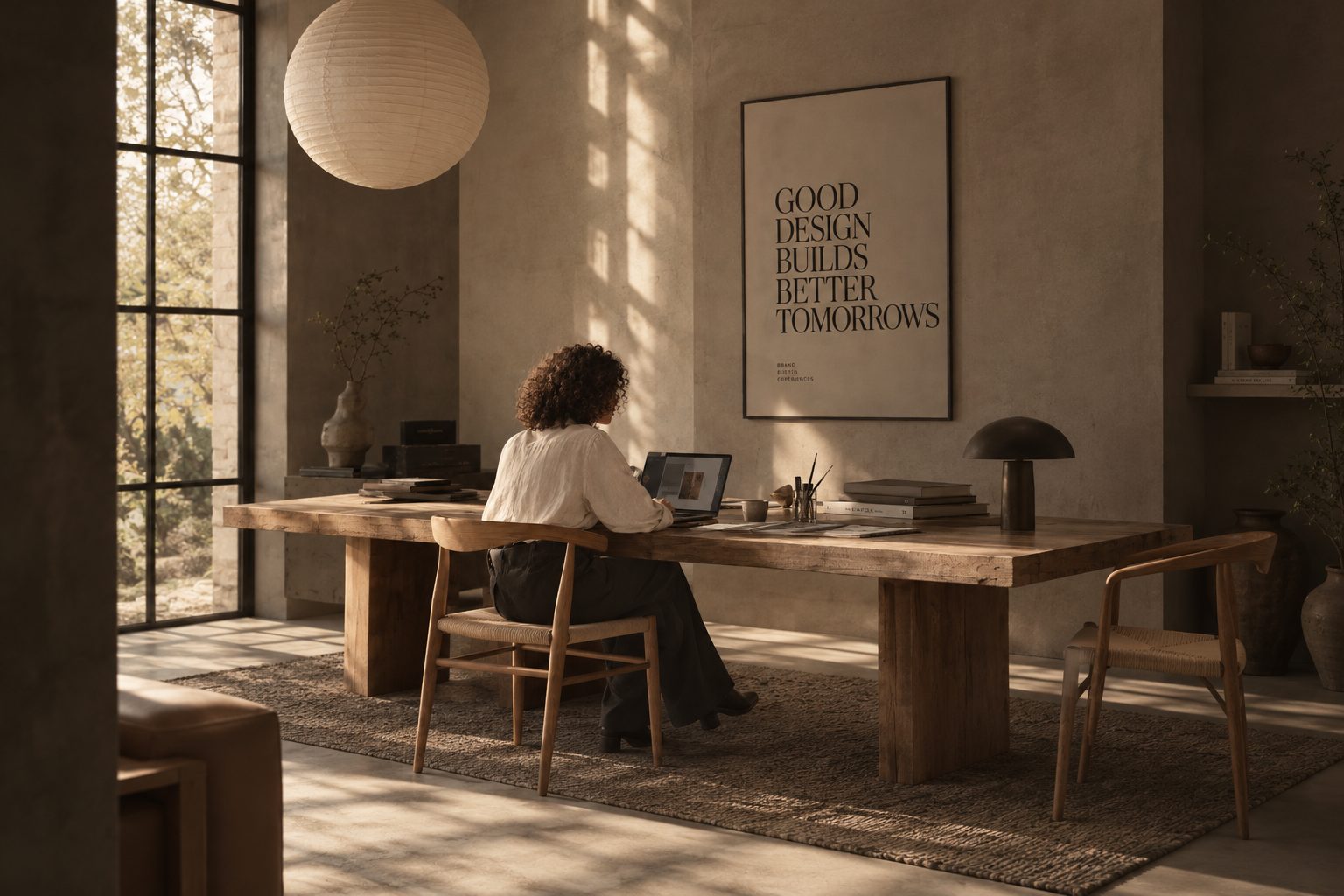 Camille à son bureau, dans un atelier baigné de lumière