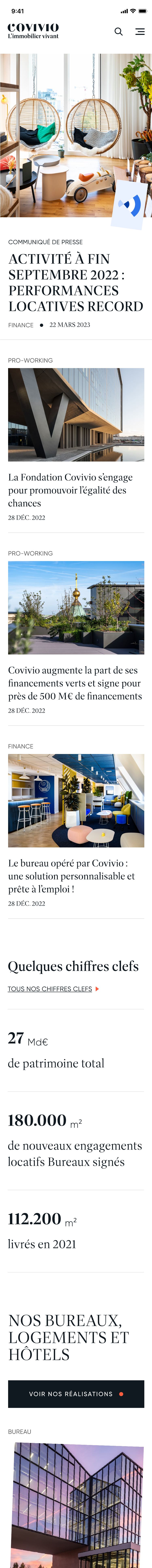 Page d’accueil Covivio en version mobile